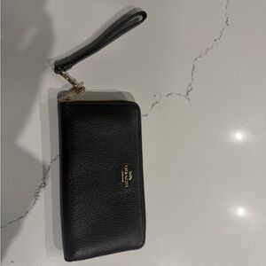 Coach Black Leather Wristlet with Gold Accents